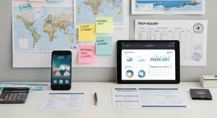 Travel agent desk with client leads